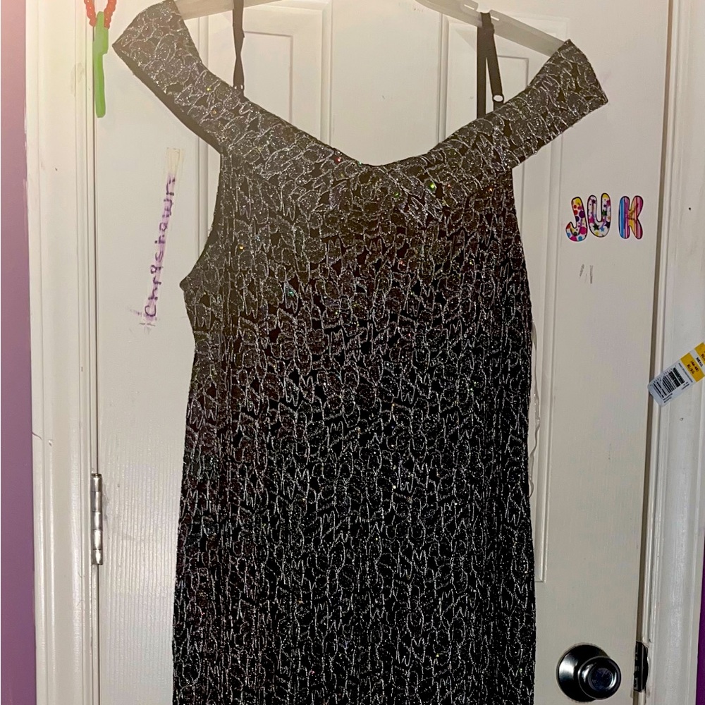 Beautiful navy blue and silver off the shoulder gown, size 1X, worn once.